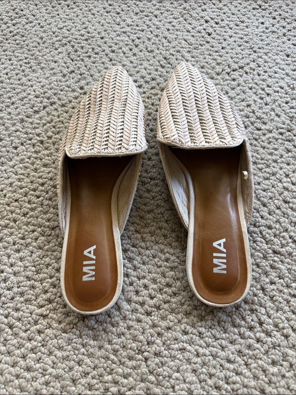 MIA Woven Pointed-Toe Slip-On Mules in Beige